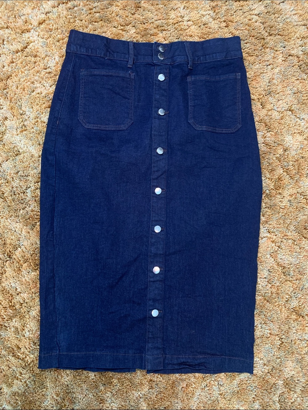 Faux Button-Front Dark Blue Denim Pencil Skirt